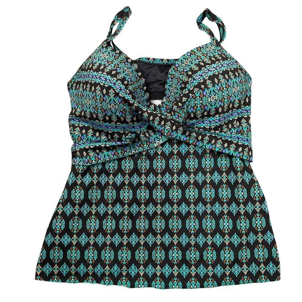 Miraclesuit Tankini Top Womens 14 Black Teal Ikat Stripe Twist Beach Swimwear